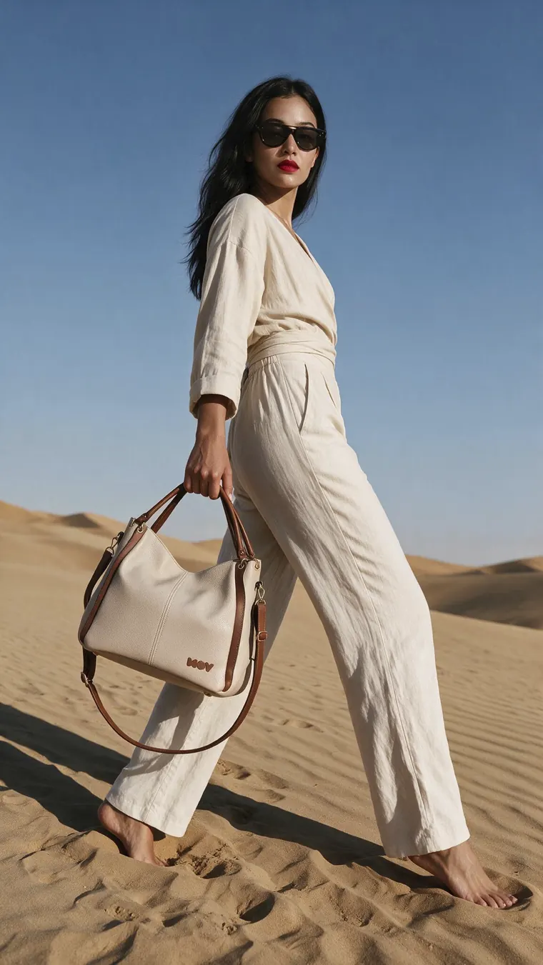 Editorial de moda no deserto com bolsa de couro